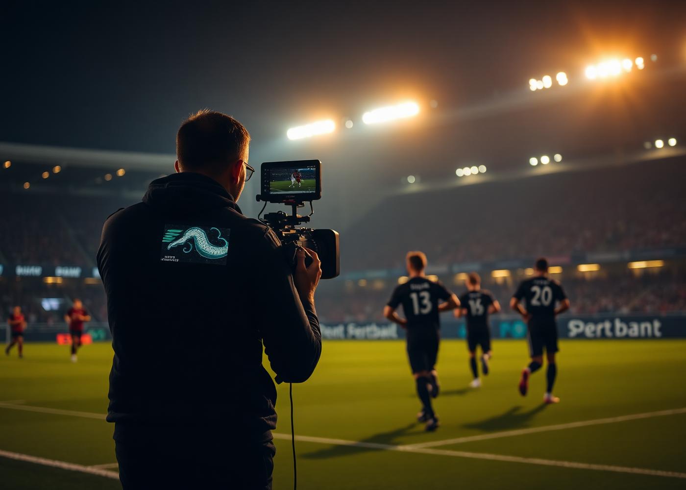 Cinegrafista filmando partida à noite
